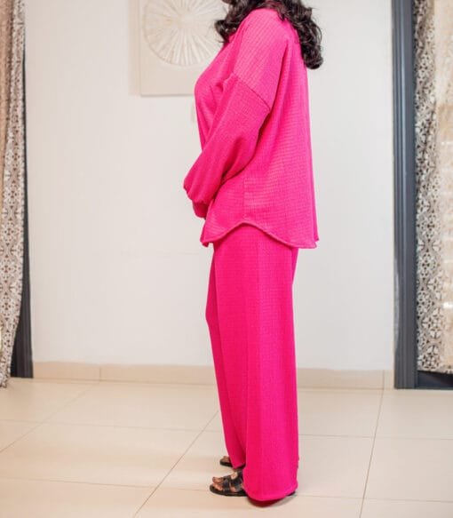 Ensemble 2 Pièces Rose Fuchsia – Chemise et Pantalon Large – Image 3