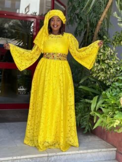 Robe longue dentelle jaune
