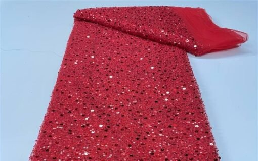 Tissu en Broderie Dentelle Perles rouge (5 mètres)