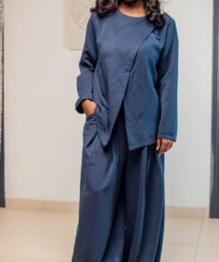 Ensemble 2 pièces bleu blouse croisée + pantalon