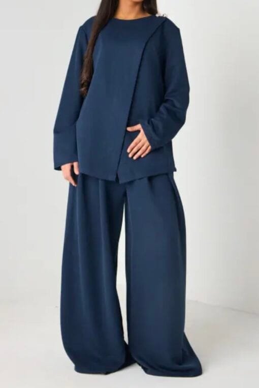 Ensemble 2 pièces bleu blouse croisée + pantalon – Image 4
