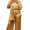 Ensemble 2 pièces camel satiné chemise à nouer avec pantalon