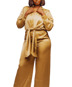 Ensemble 2 pièces camel satiné chemise à nouer avec pantalon