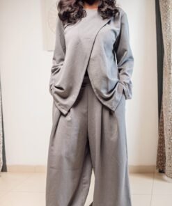 Ensemble 2 pièces gris blouse croisée + pantalon