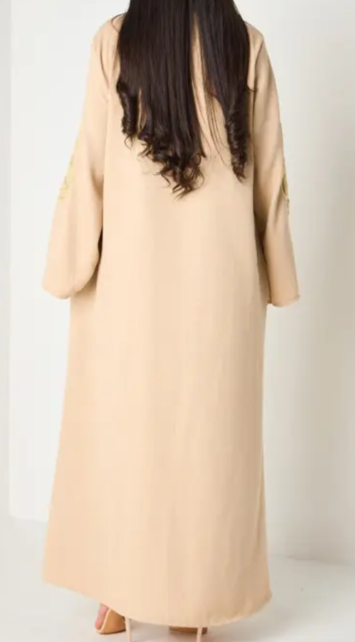 Robe longue Beige foncé brodée fleurs dorées – Image 2