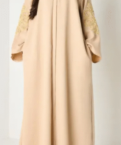 Robe longue Beige foncé brodée fleurs dorées