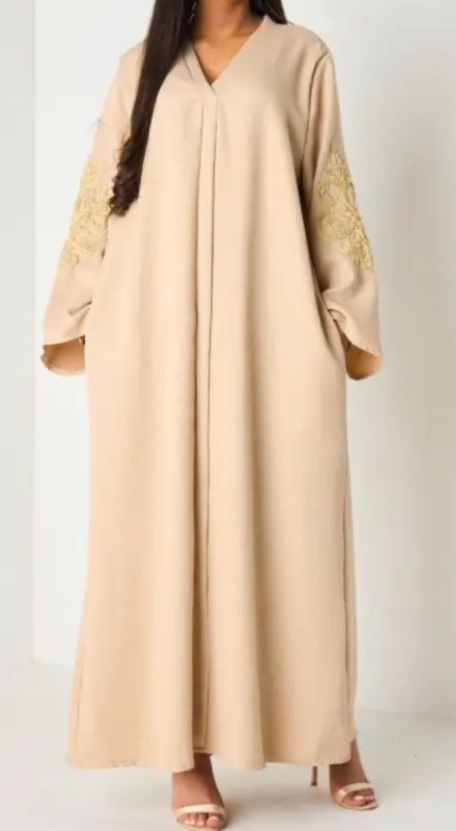 Robe longue Beige foncé brodée fleurs dorées