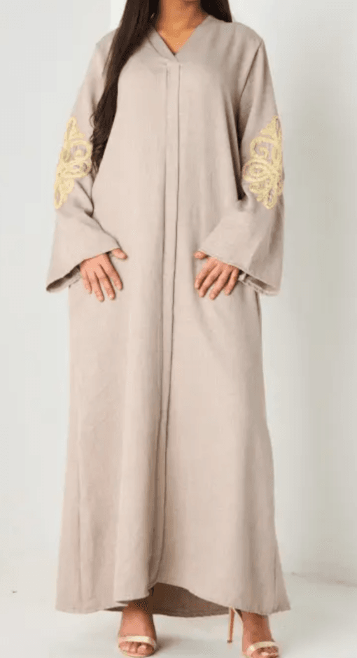 Robe longue taupe brodée fleurs dorées – Image 3