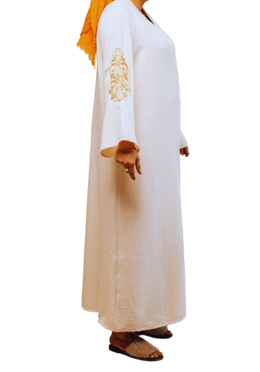 Robe longue Beige brodée fleurs dorées – Image 3