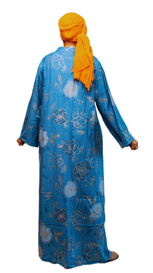 Robe longue bleue à motifs floraux dorés – Image 2