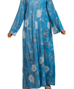 Robe longue bleue à motifs floraux dorés