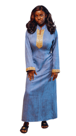 Robe longue bleue avec broderies dorées