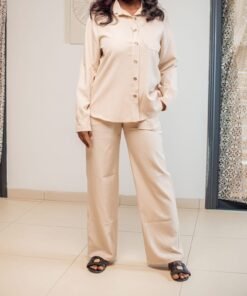 Ensemble 2 pièces beige chemise + pantalon coupe droite