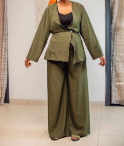 Ensemble vert blouse longue croisée & pantalon large