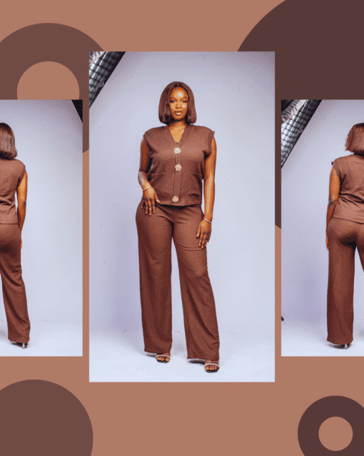 Ensemble marron texturé top sans manches à boutons dorés – Image 3