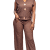 Ensemble marron texturé top sans manches à boutons dorés