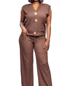 Ensemble marron texturé top sans manches à boutons dorés