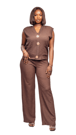 Ensemble marron texturé top sans manches à boutons dorés